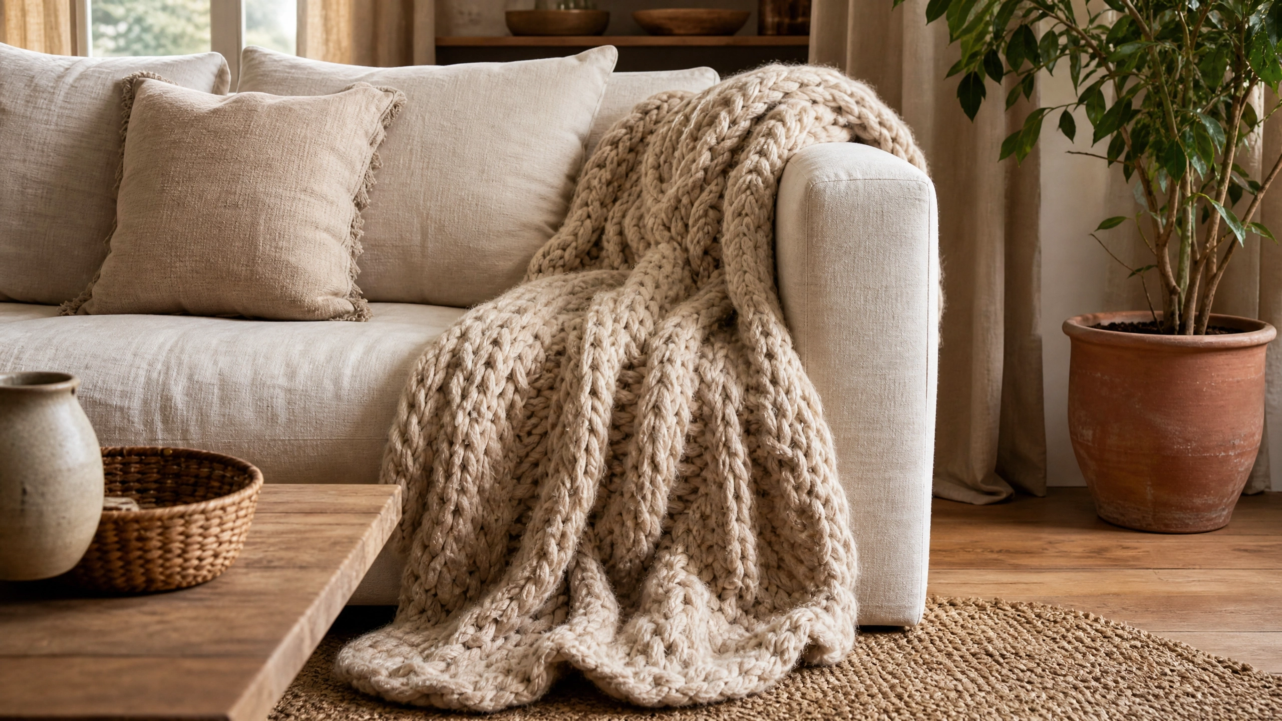 Chunky knit throw draped over a cream sofa in a cozy earthy living room.