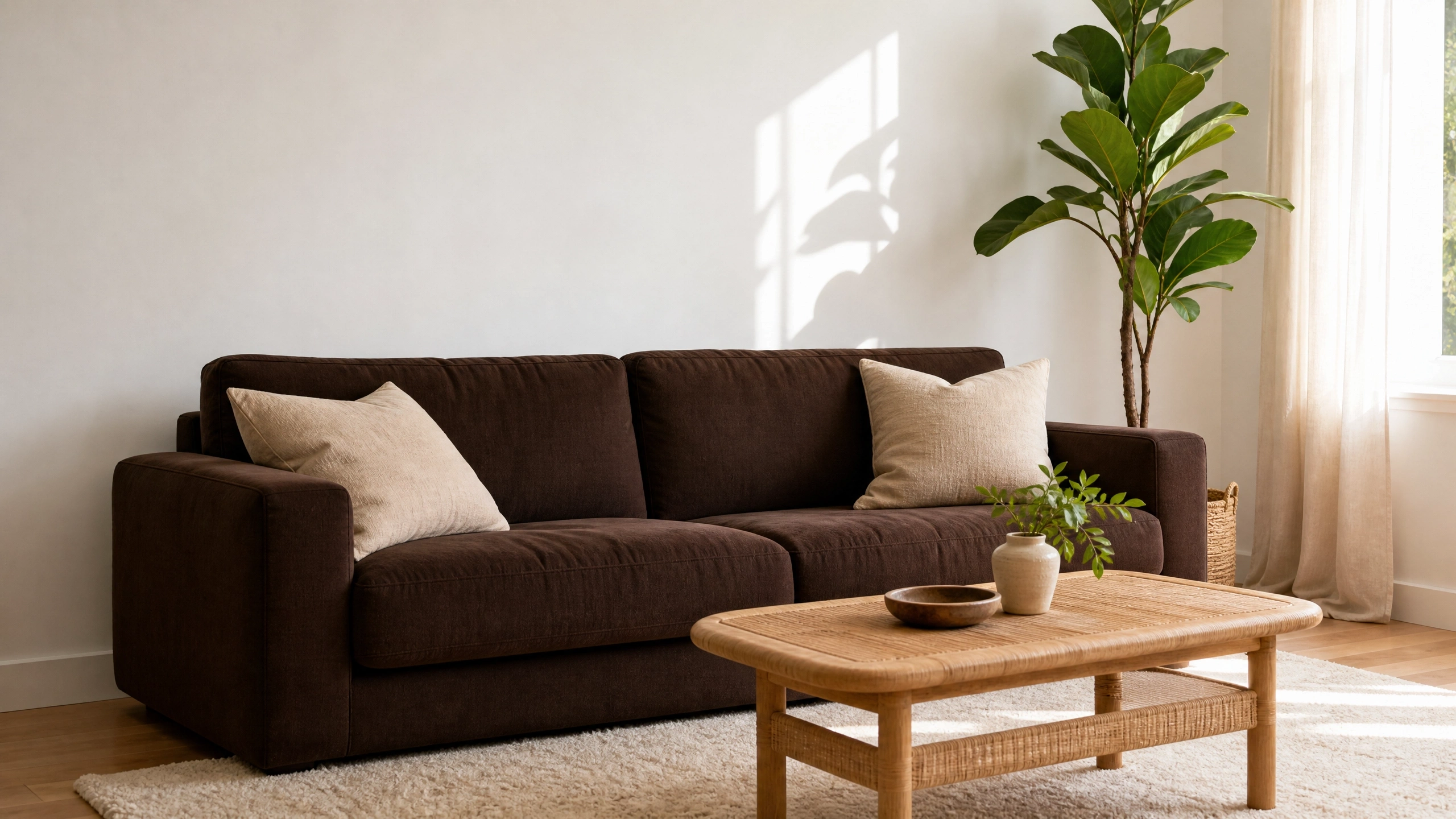 Clean minimalist living room with white walls, brown sofa, beige pillows, wood coffee table, and indoor plant.