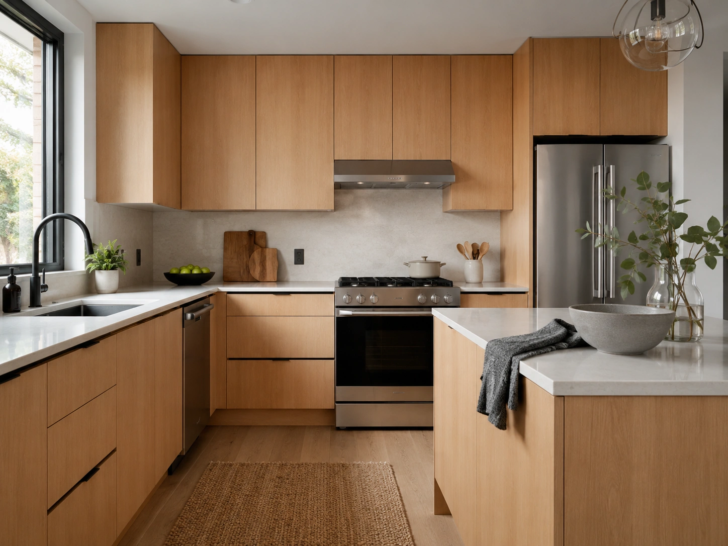 Modern kitchen with clear alder flat slab cabinet doors, white countertops, and stainless steel appliances.