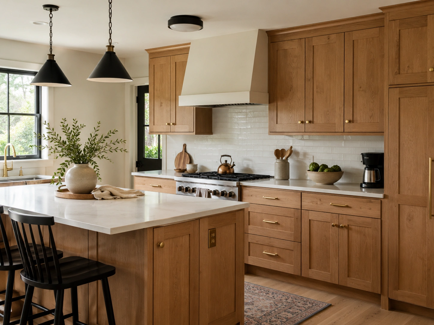 Clear alder Shaker kitchen cabinets with brushed brass pulls and warm modern styling.