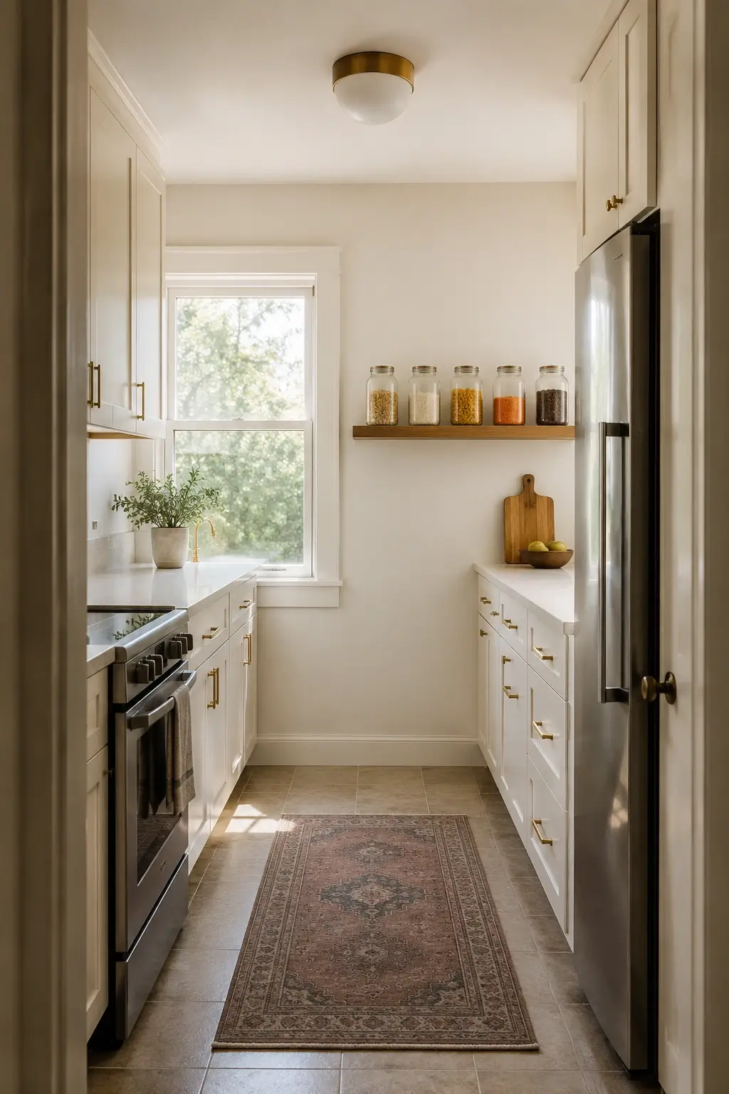 Clear pantry jars on a narrow wall shelf in a small white galley kitchen with brass hardware and runner rug.