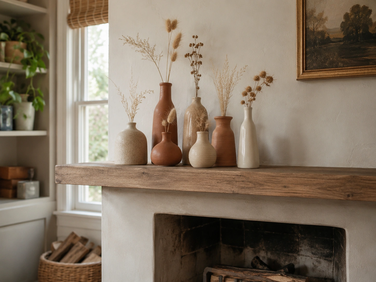 Clustered bud vases with dried stems on a rustic wood fireplace mantel in a warm neutral living room.