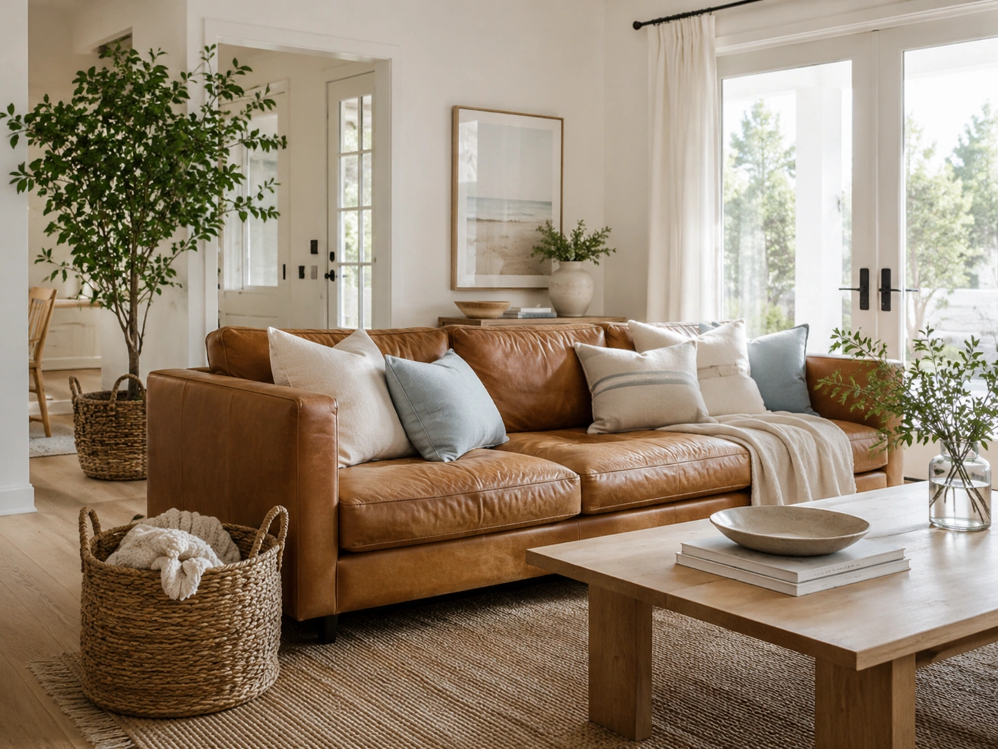 Tan leather sofa with linen pillows, woven baskets, plants, and soft coastal living room decor.