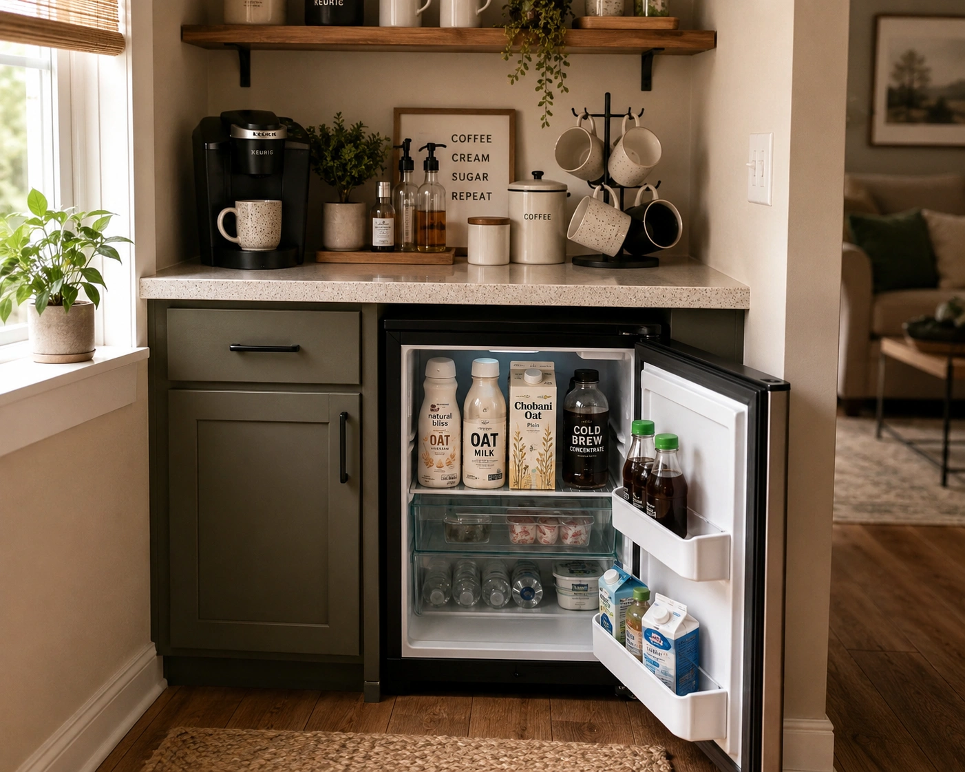 Built-in coffee station with a coffee maker, mug rack, open mini fridge, oat milk, creamer, and cold brew below counter.