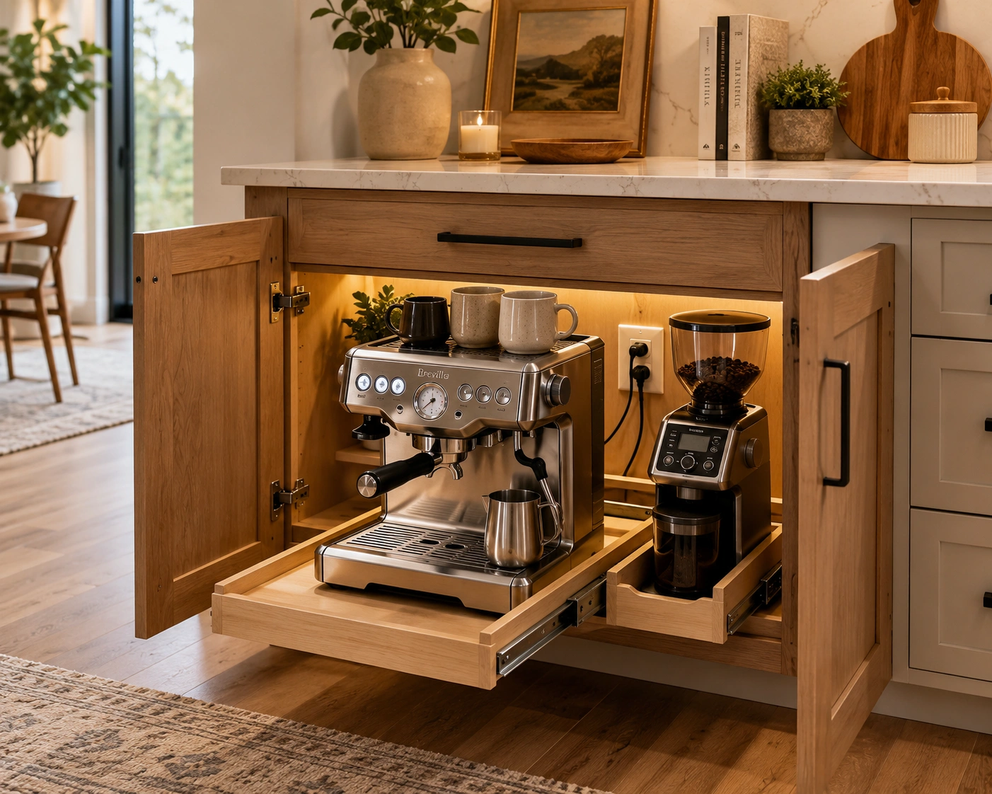 Hidden cabinet coffee station with slide-out tray, espresso machine, and grinder storage.