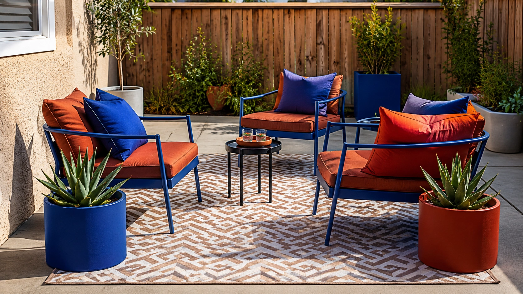 Color-blocked patio with cobalt chairs, terracotta cushions, bold pillows, outdoor rug and matching planters.