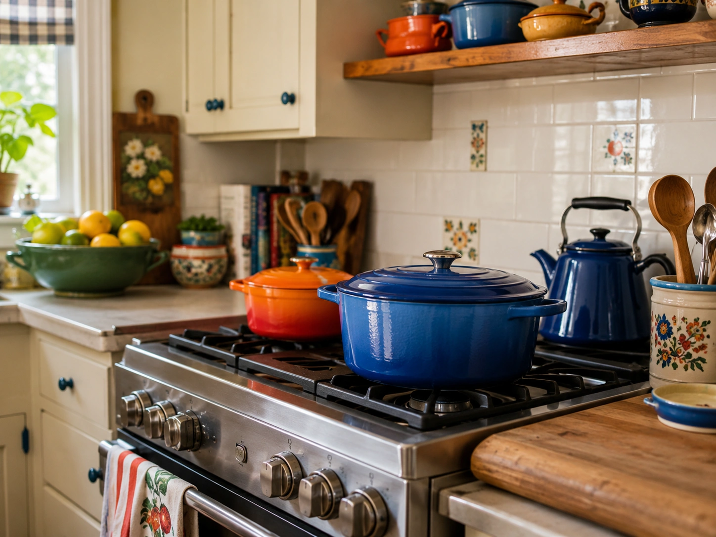 Colorful Dutch ovens and enamel cookware displayed on a stove in a vintage kitchen.