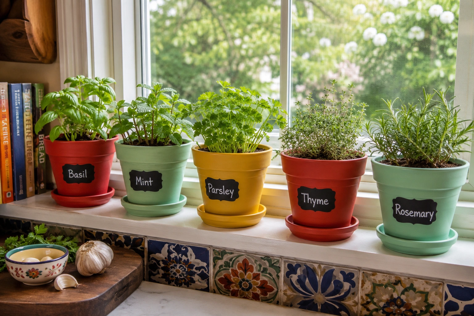Colorful painted ceramic herb pots with basil, mint, parsley, thyme, and rosemary on a kitchen windowsill.