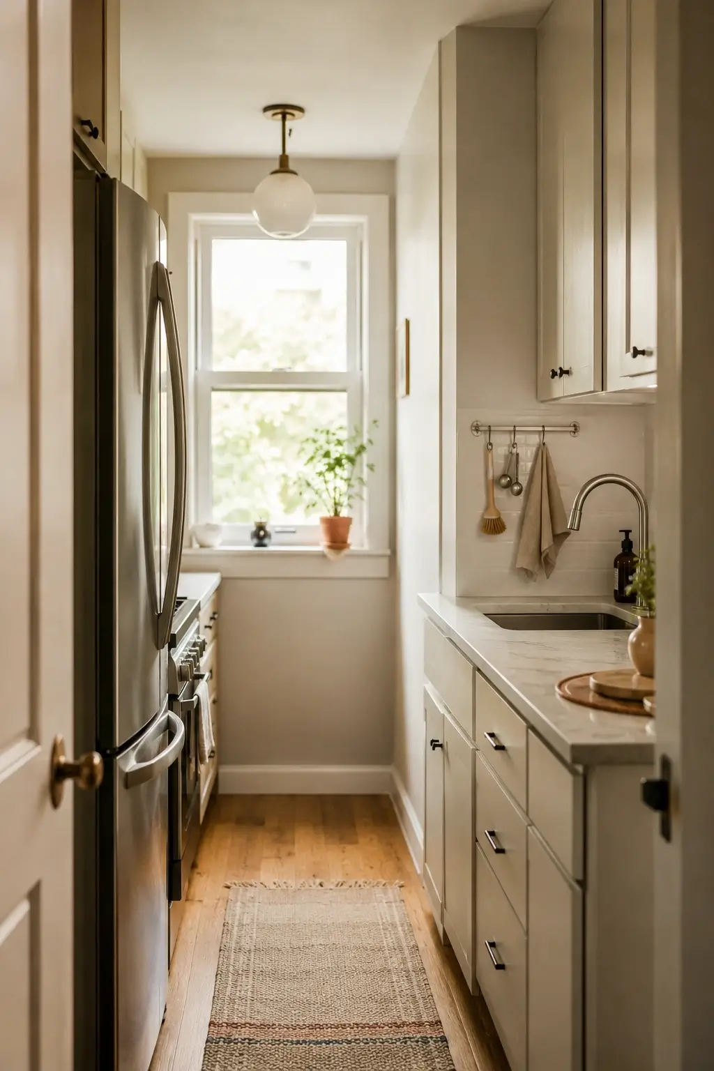 Narrow galley kitchen with a slim command strip rail near the sink for towels and utensils