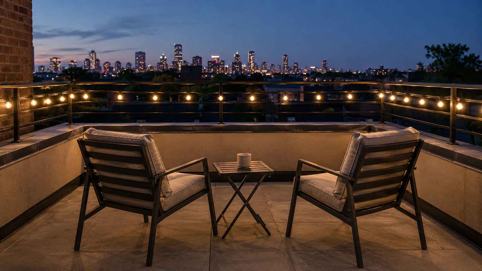 Compact rooftop deck with cushioned chairs, string lights, and a city skyline view at dusk.