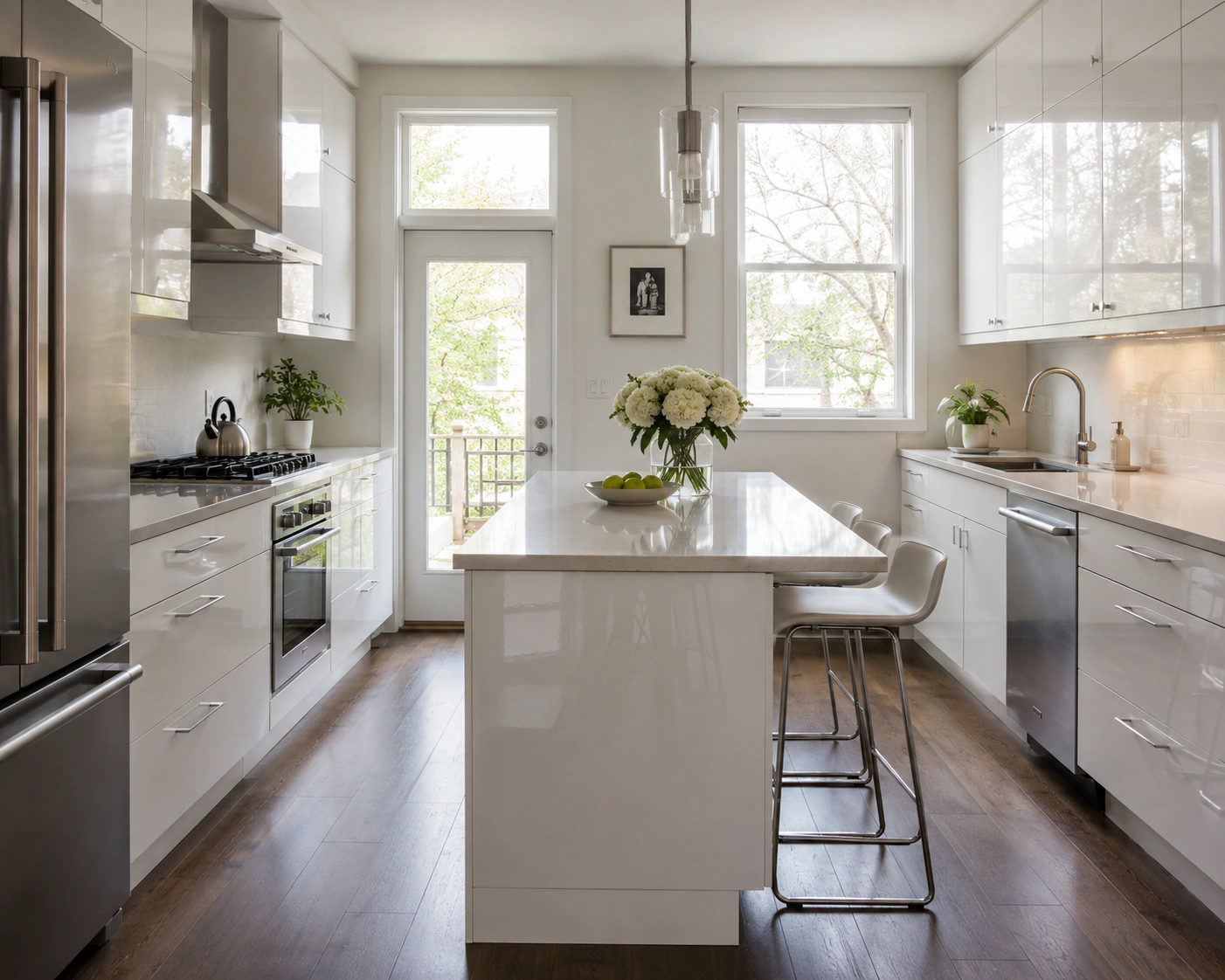 Compact white kitchen with a scaled waterfall island, glossy cabinets, wood floors, and two bar stools.