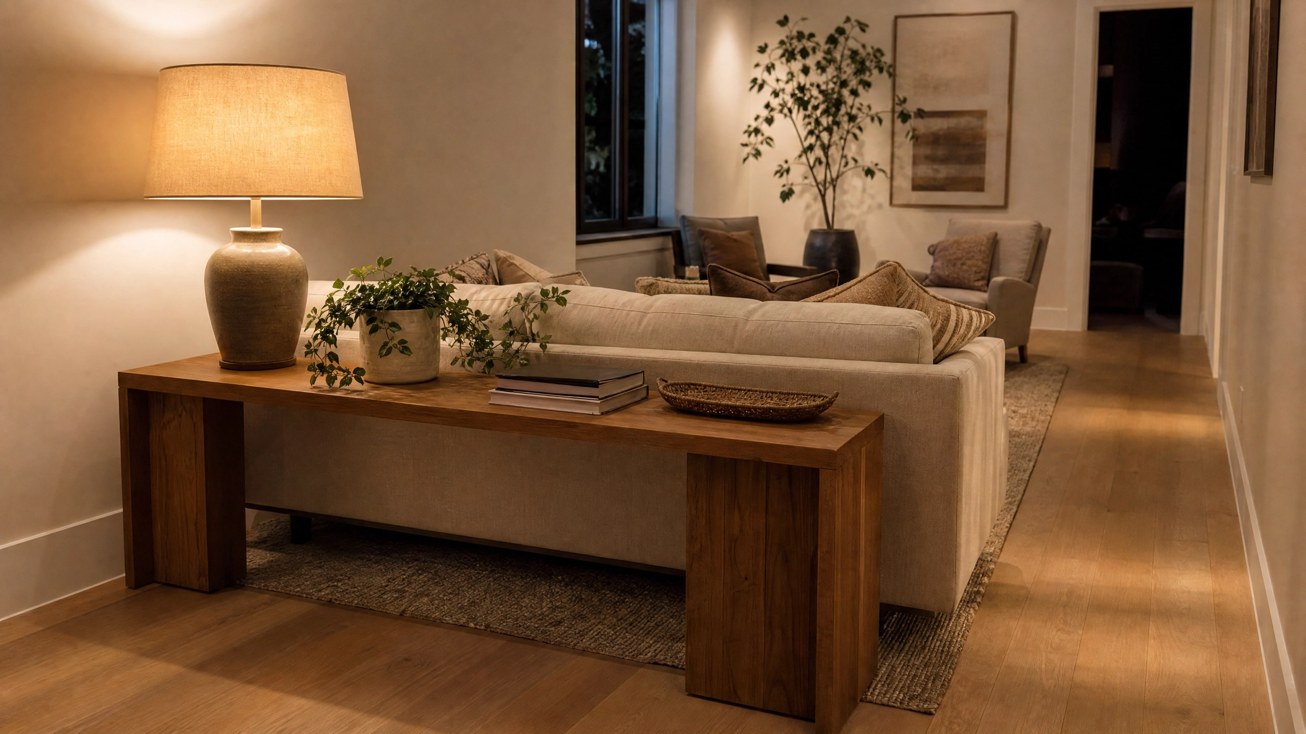 Console table behind sofa with lamp, plants, books, and tray in a warm narrow living room.