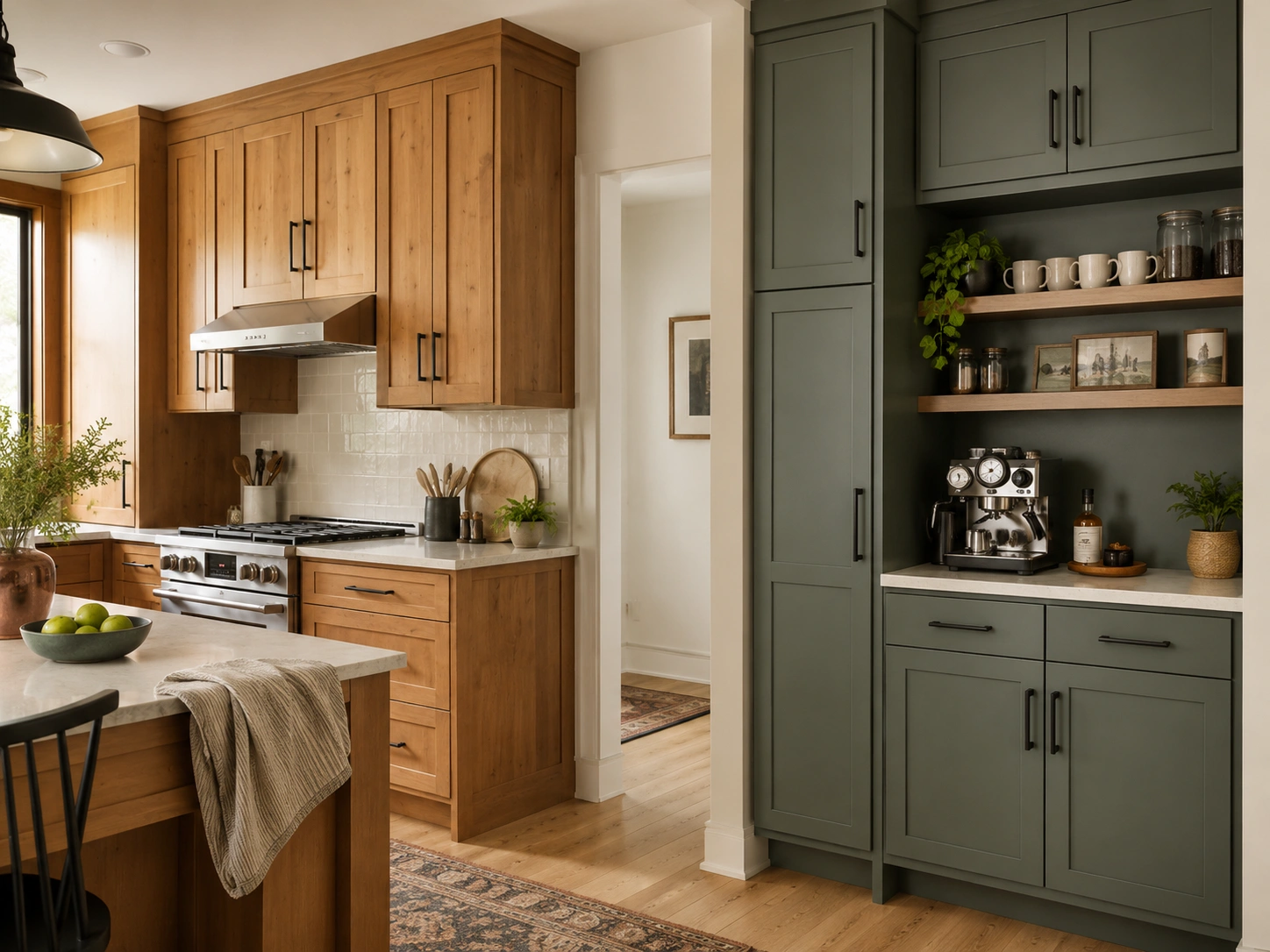 Alder kitchen cabinets with a contrasting sage green painted coffee wall and open wood shelves.