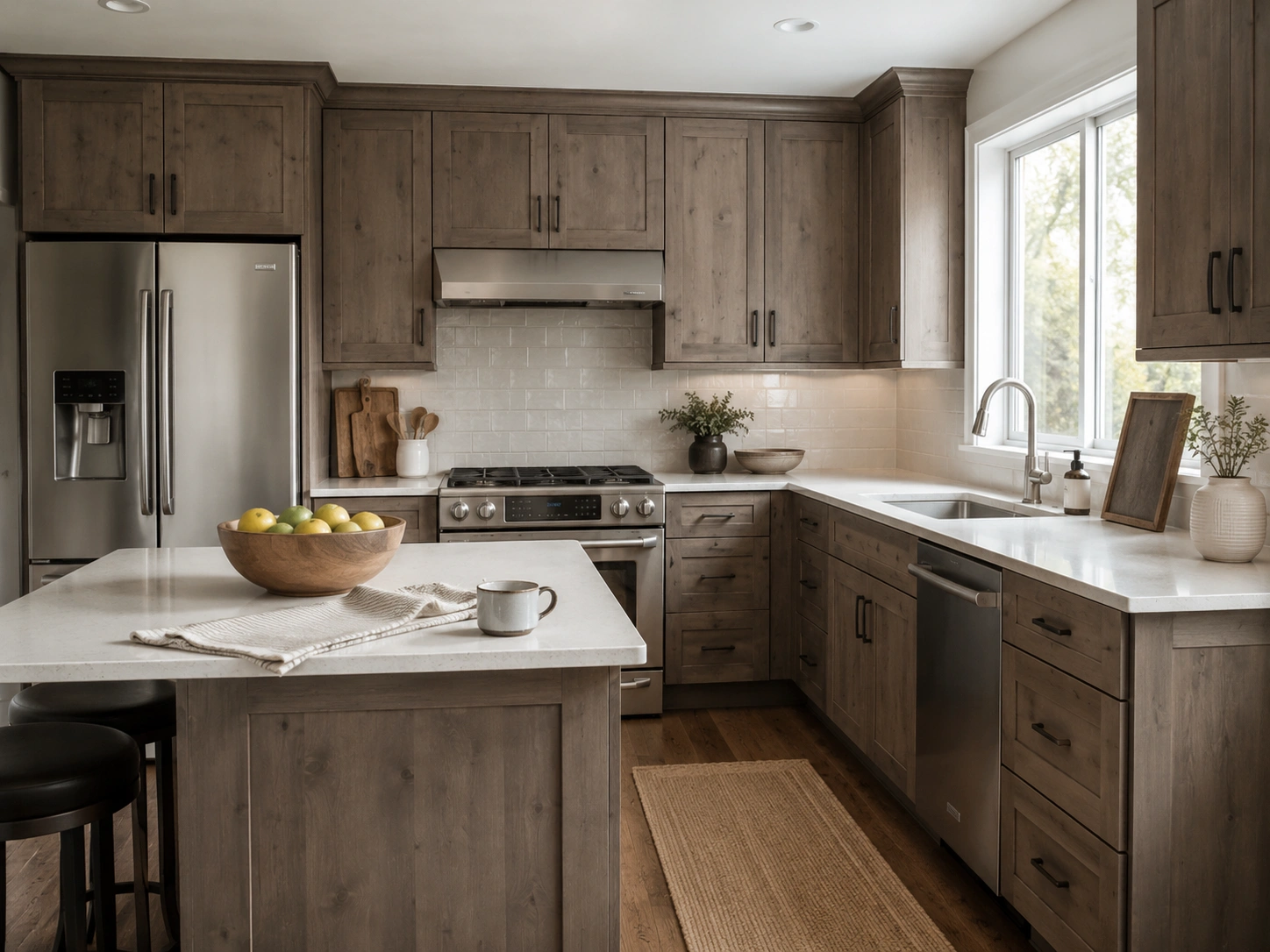 Cool gray-brown alder kitchen cabinets with white quartz counters and warm wood flooring.