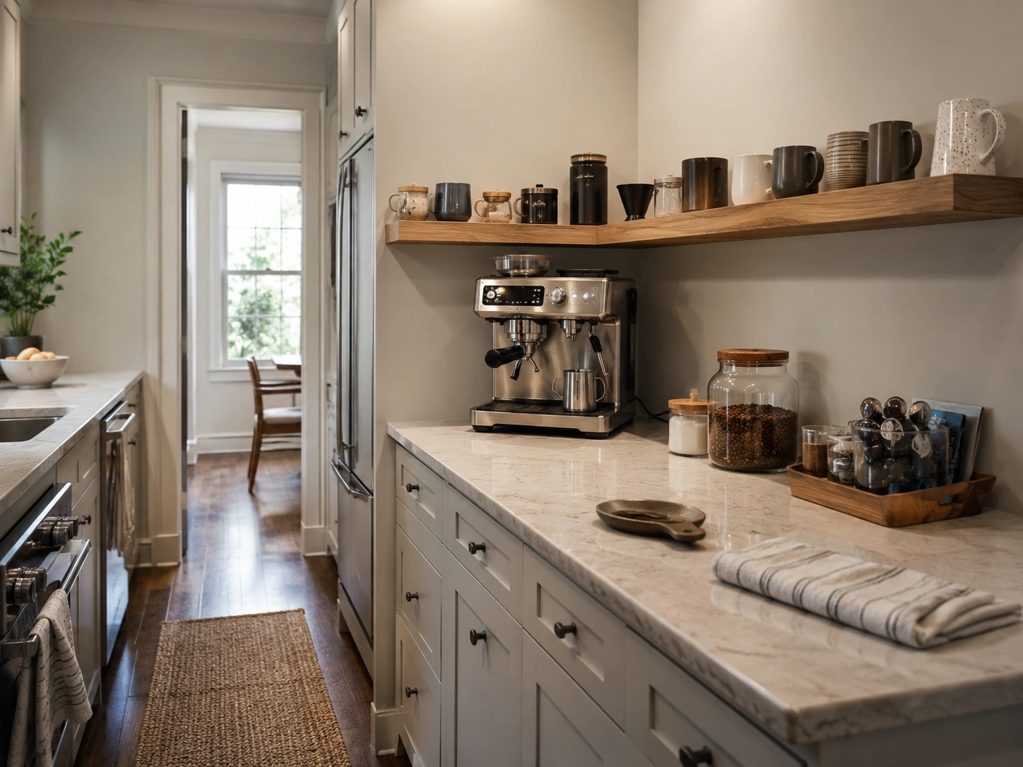 Corner counter coffee nook with espresso machine, wraparound wood shelf, mugs, and coffee jars.