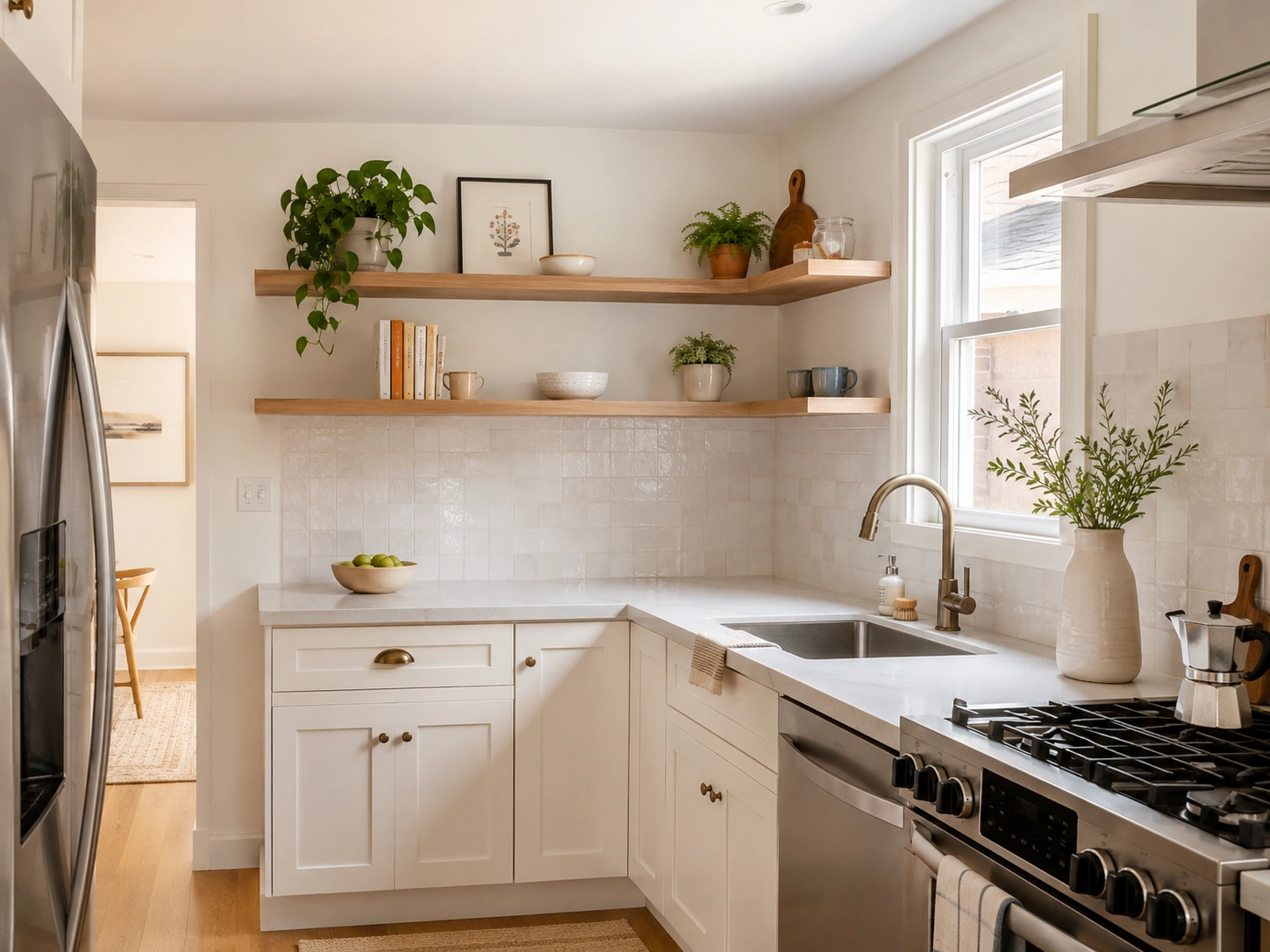 Open wood shelves bridge a small kitchen corner with plants, bowls, and simple decor above cream cabinets.