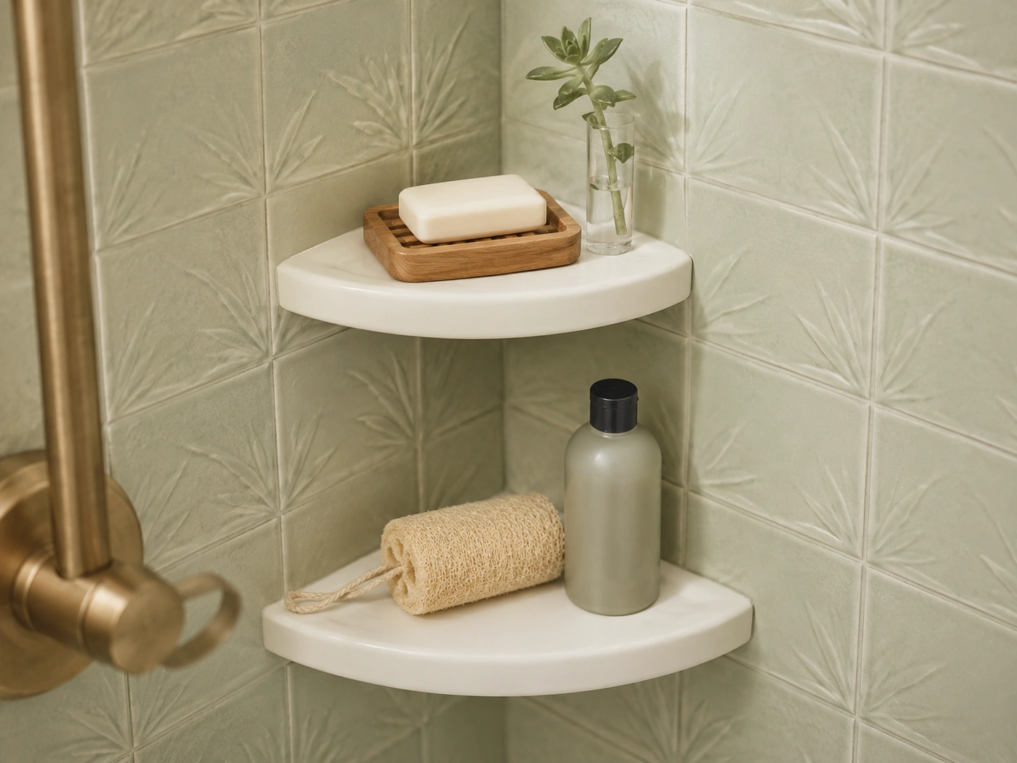 Corner triangle shower shelf set with soap dish, shampoo bottle, loofah, and succulent on sage green tile