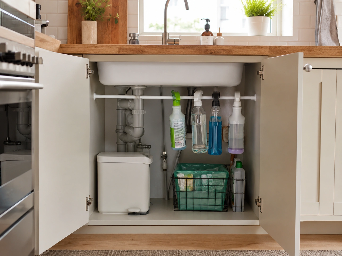 Corner under-sink cabinet with spray bottles hanging from a rod and organized cleaning supplies below.