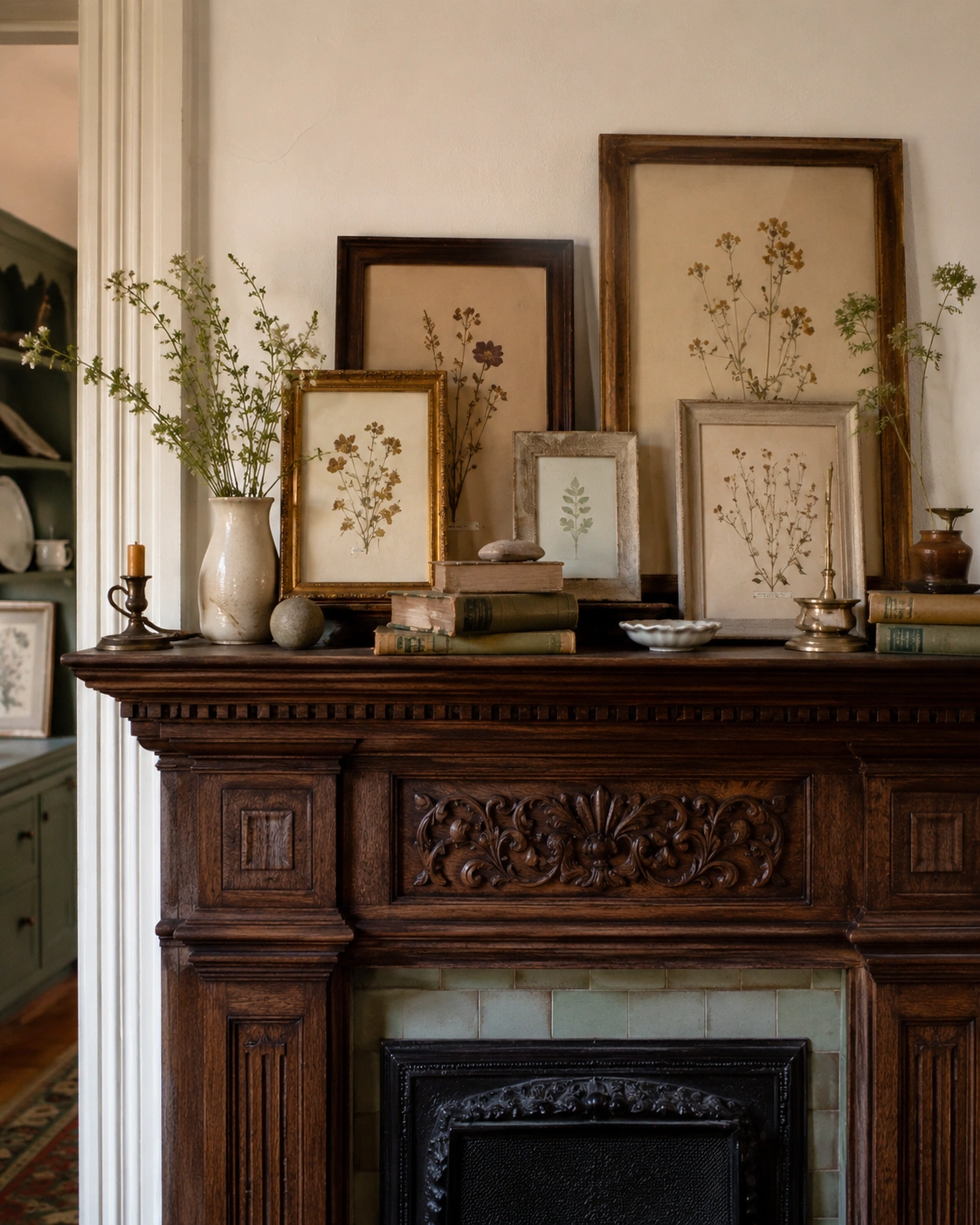 Cottagecore mantel with antique frames, pressed botanical art, vintage books, candles, and greenery.