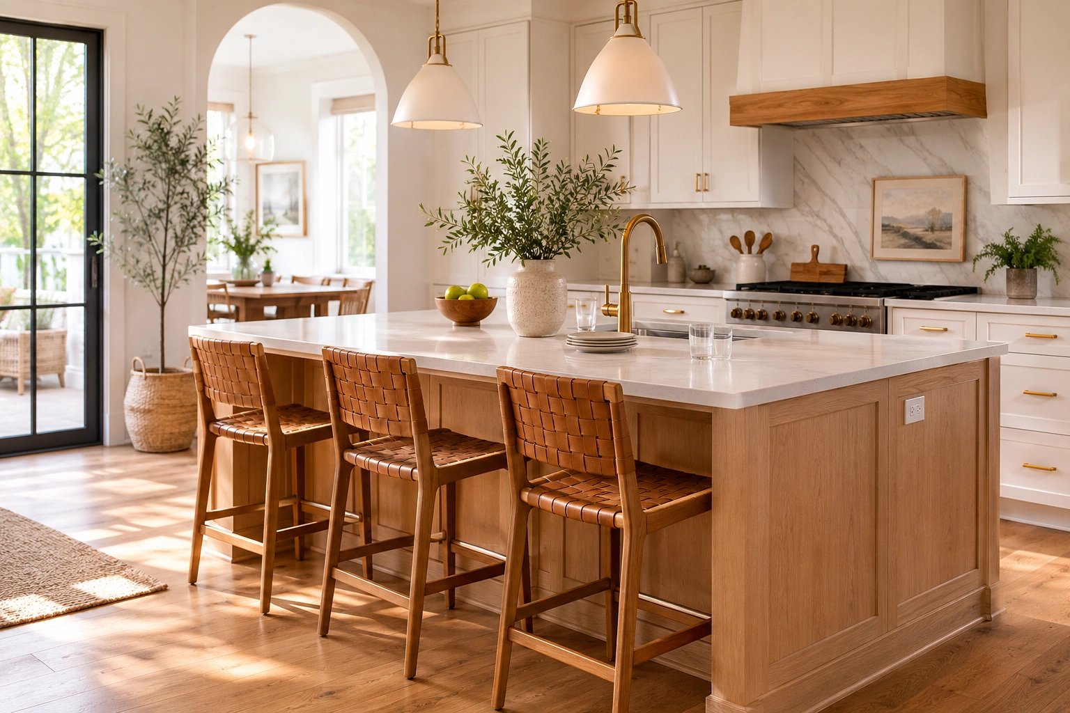 Counter-height seating at a warm wood kitchen island with woven stools, white quartz, and brass pendant lights.