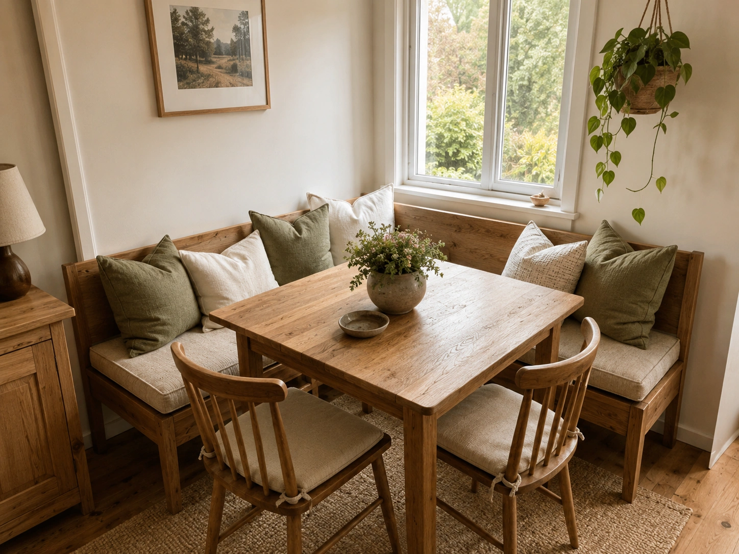 Cozy corner dining nook with wooden benches, linen cushions, oak table, green pillows, and hanging plant.