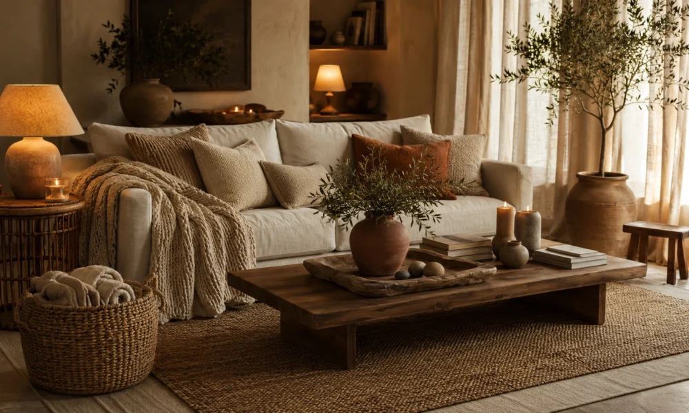 Cozy earthy living room with linen sofa, jute rug, warm lamp light, candles, olive tree, and wood table