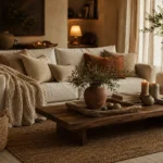 Cozy earthy living room with linen sofa, jute rug, warm lamp light, candles, olive tree, and wood table