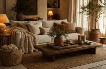 Cozy earthy living room with linen sofa, jute rug, warm lamp light, candles, olive tree, and wood table