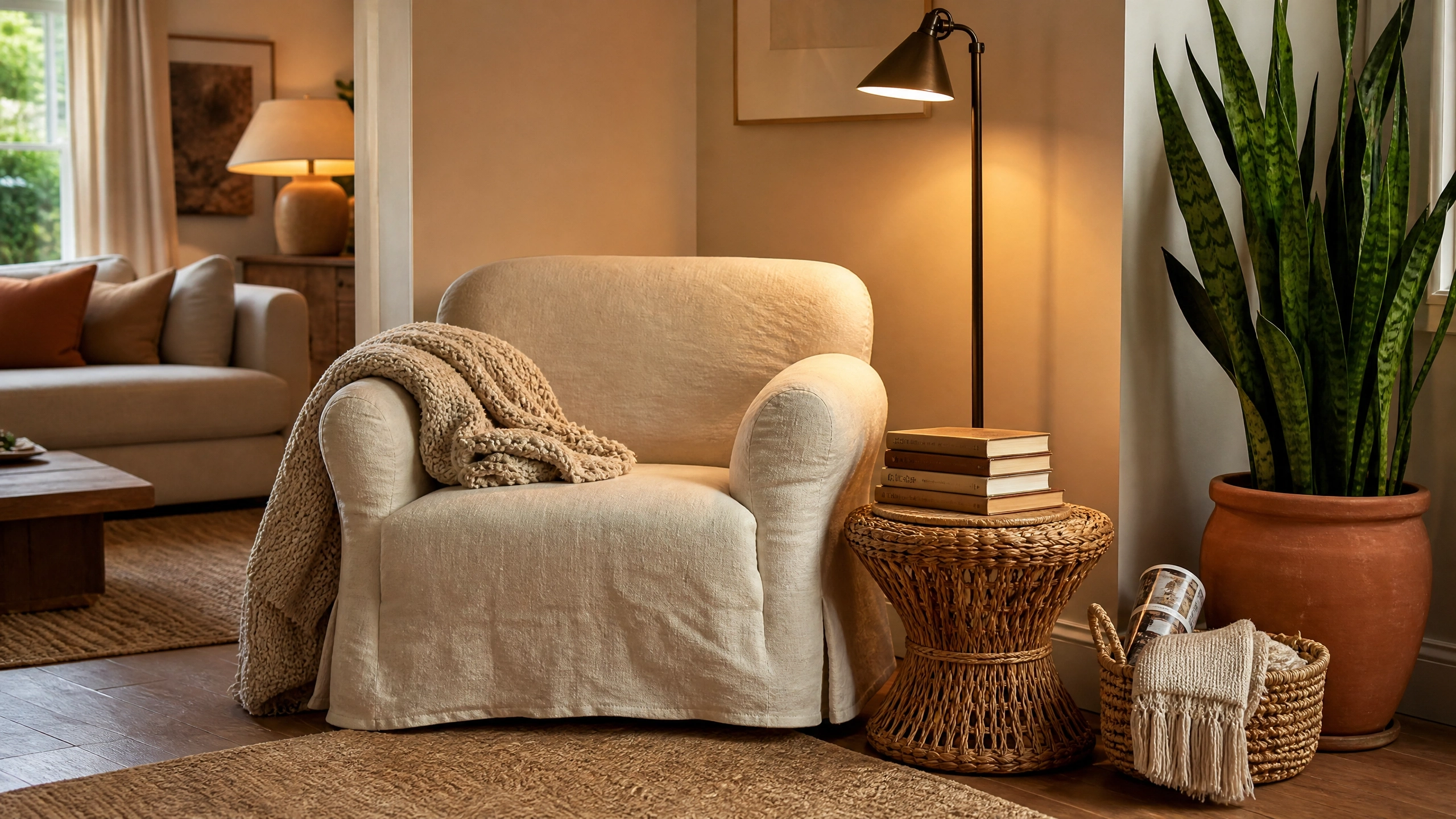 Cozy earthy reading corner with cream chair, knit throw, rattan table, books, and terracotta planter