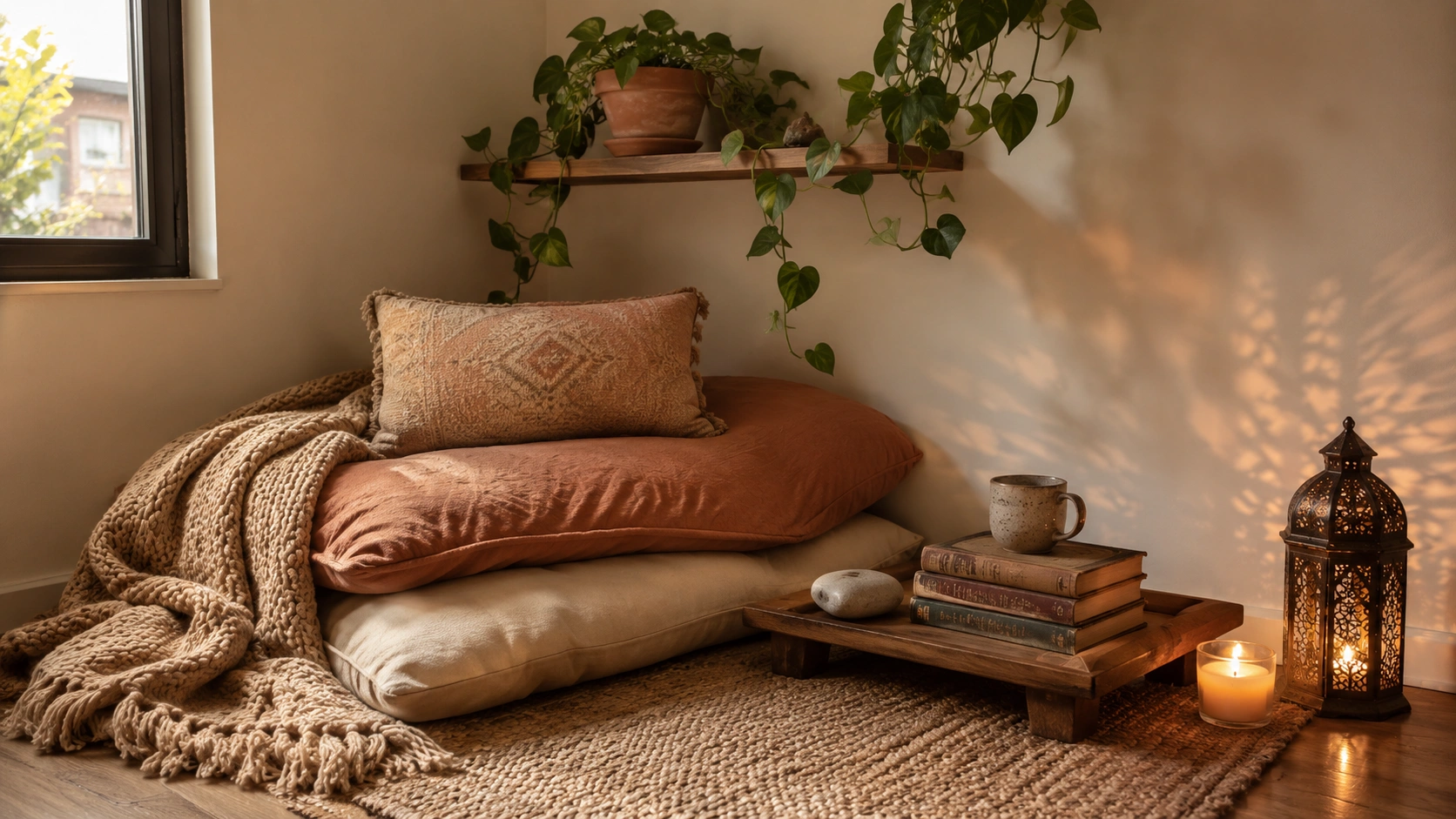 Cozy floor-level reading corner with stacked cushions, books, plants, candle, and Moroccan lantern.