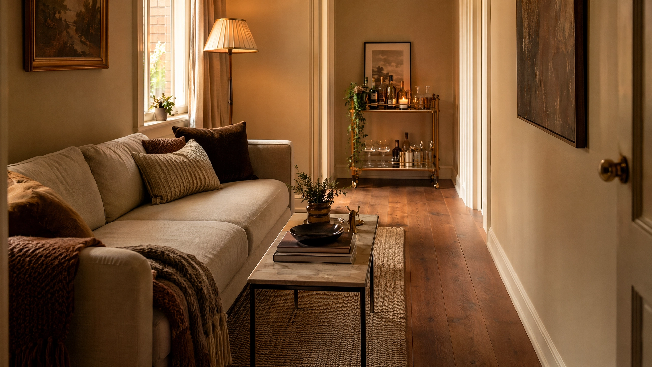 Cozy narrow living room with beige sofa, warm lamp light, wood floors, and gold bar cart.A warm narrow living room with a beige sofa, layered pillows, wood flooring, soft lighting, and a styled gold bar cart for cozy small-space decor inspiration.