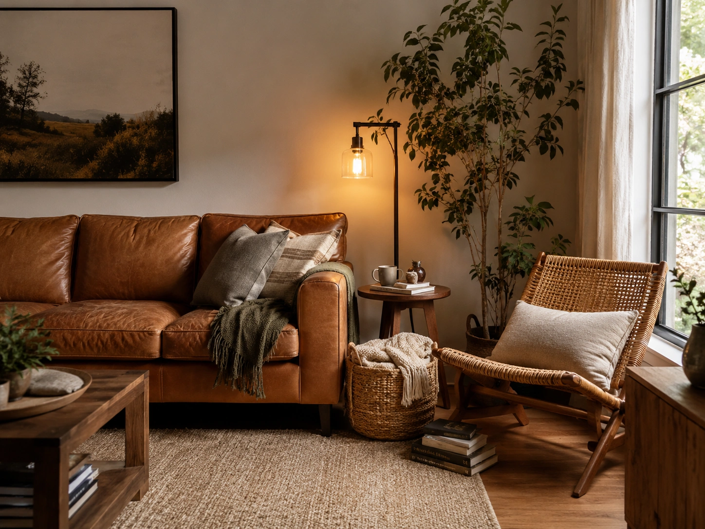 Cozy reading nook beside a brown leather couch with wicker chair, floor lamp, plant, and woven basket