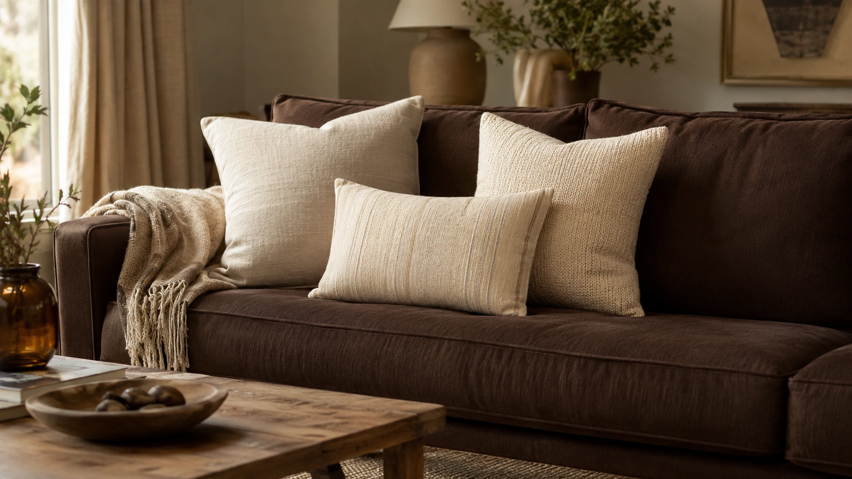 Cream and ivory pillows stacked on a chocolate brown couch with a cozy neutral throw.