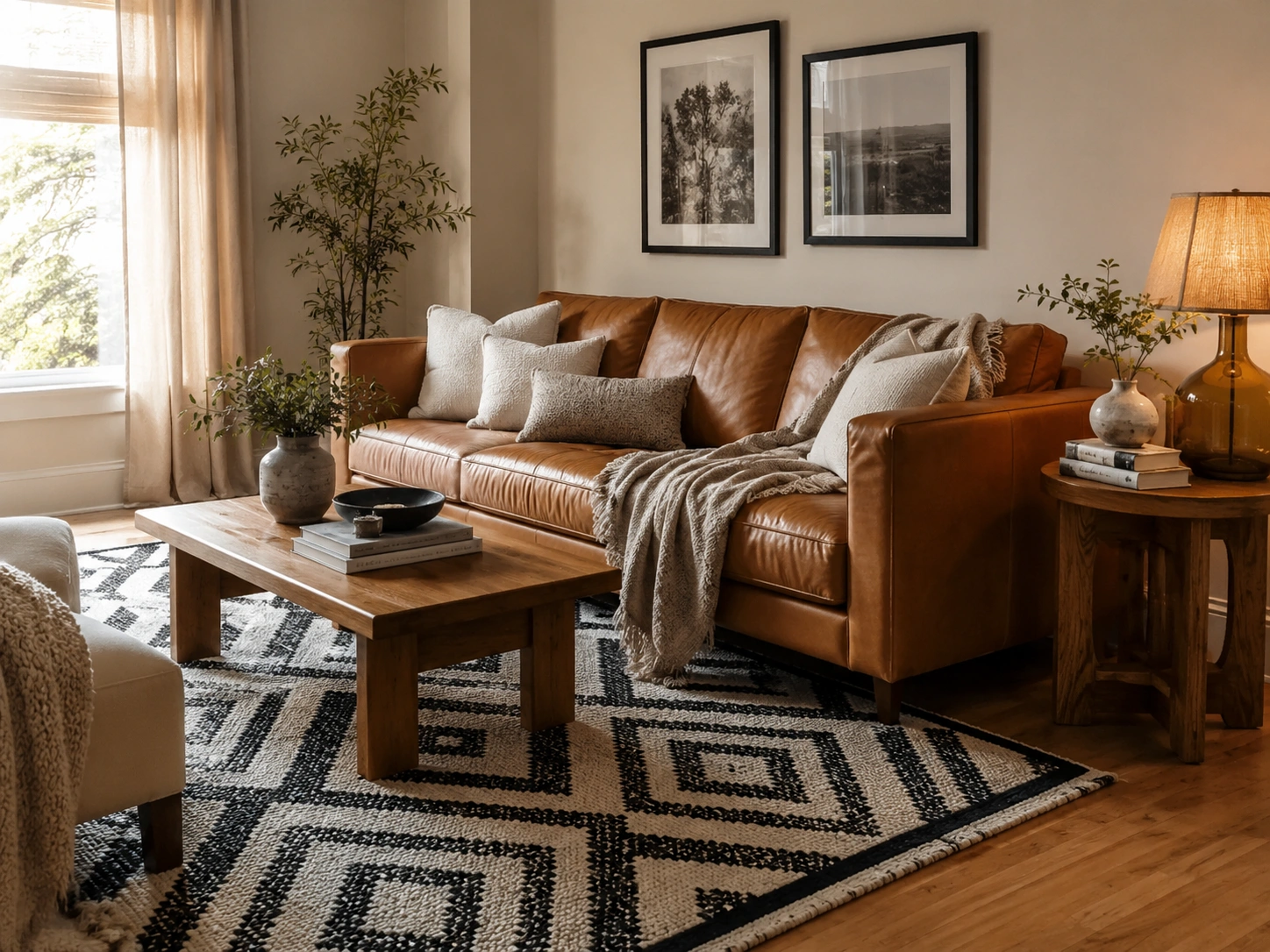 Cream, tan, and dusty brown throw pillows layered on a tan leather couch in a warm living room.