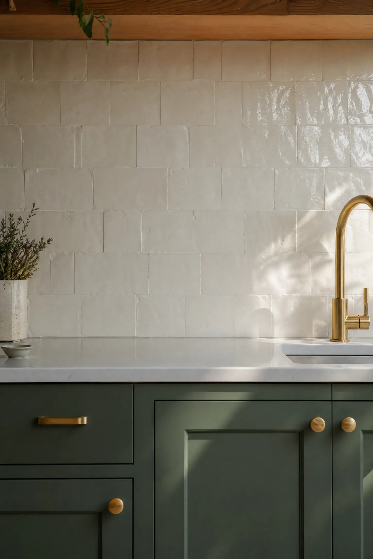 Cream zellige backsplash with dark green lower cabinets, brass faucet, and white countertop