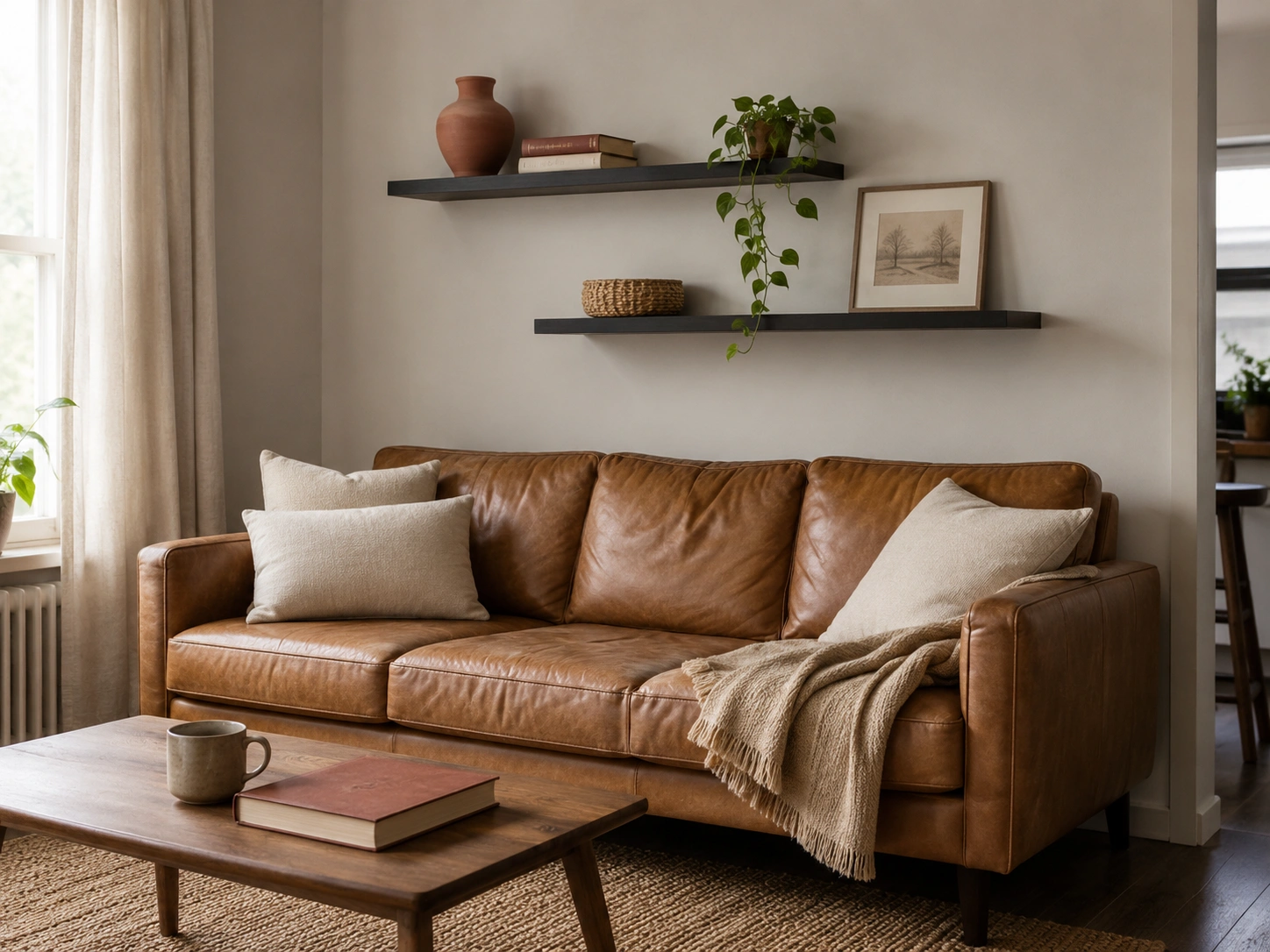 Curated floating shelves above a tan leather couch with books, trailing plant, basket, and framed art.