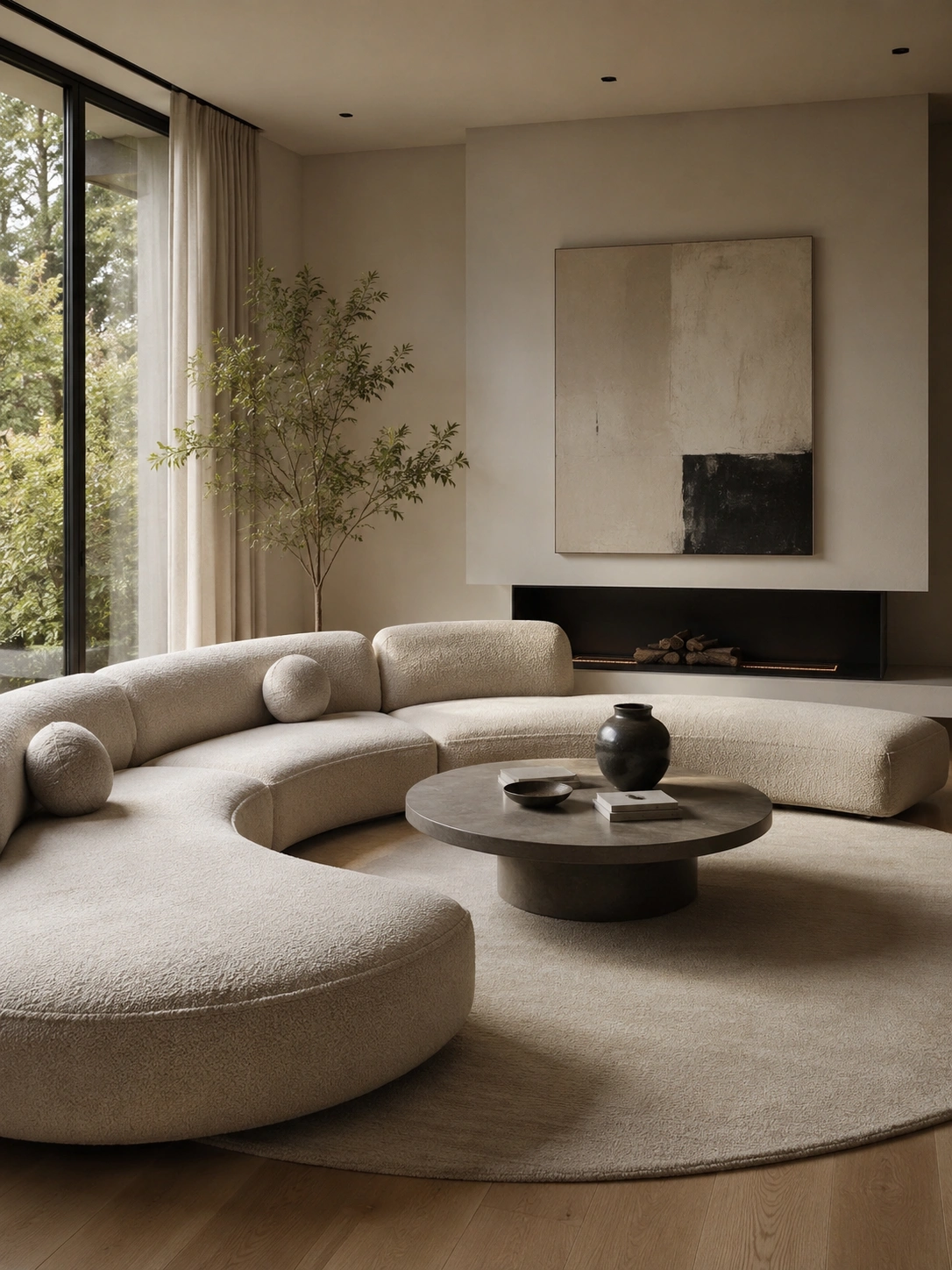 Curved bouclé sofa in a modern luxury living room with round coffee table and neutral decor.