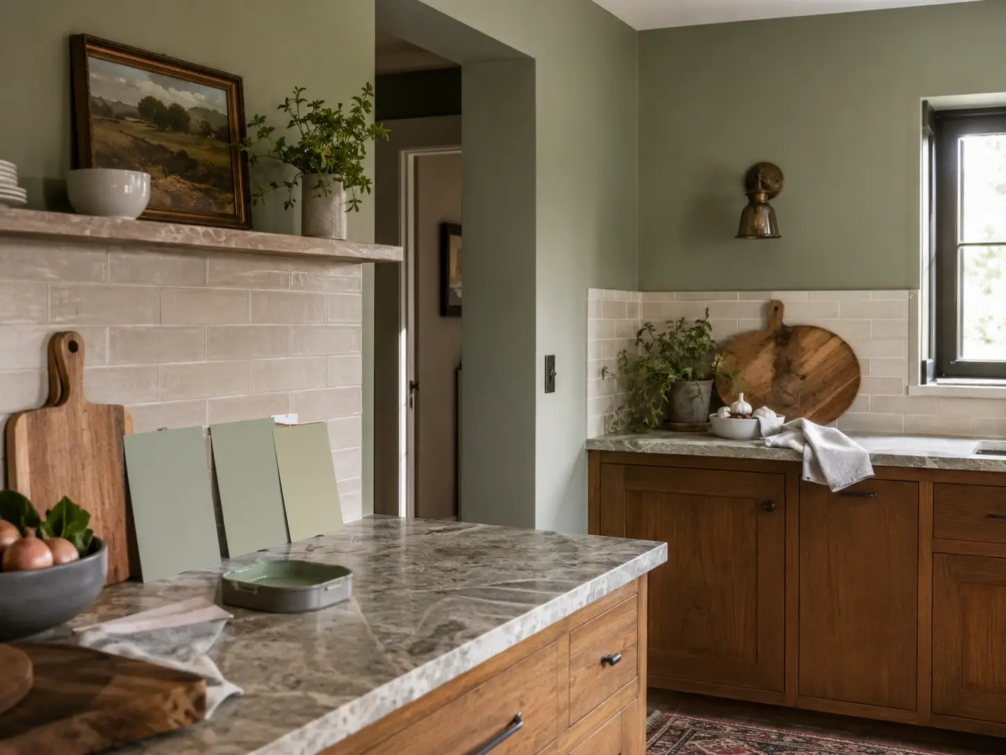 Custom sage green kitchen walls with wood cabinets, stone counters, and cream tile backsplash