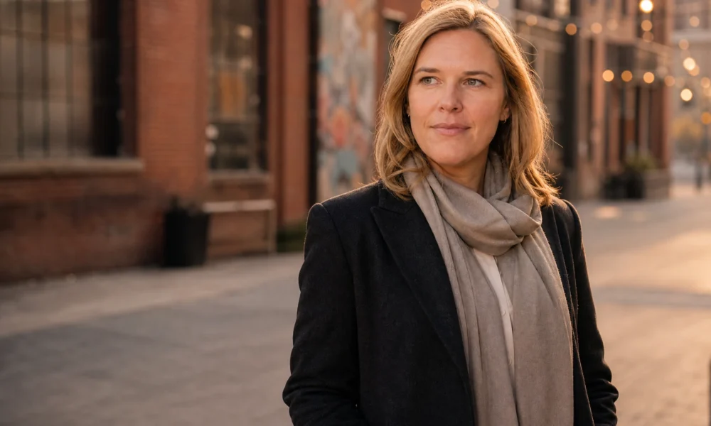 Dana Guarin Peters Minneapolis portrait-style image of a woman in a coat and scarf standing in an urban creative district with brick buildings.