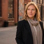 Dana Guarin Peters Minneapolis portrait-style image of a woman in a coat and scarf standing in an urban creative district with brick buildings.