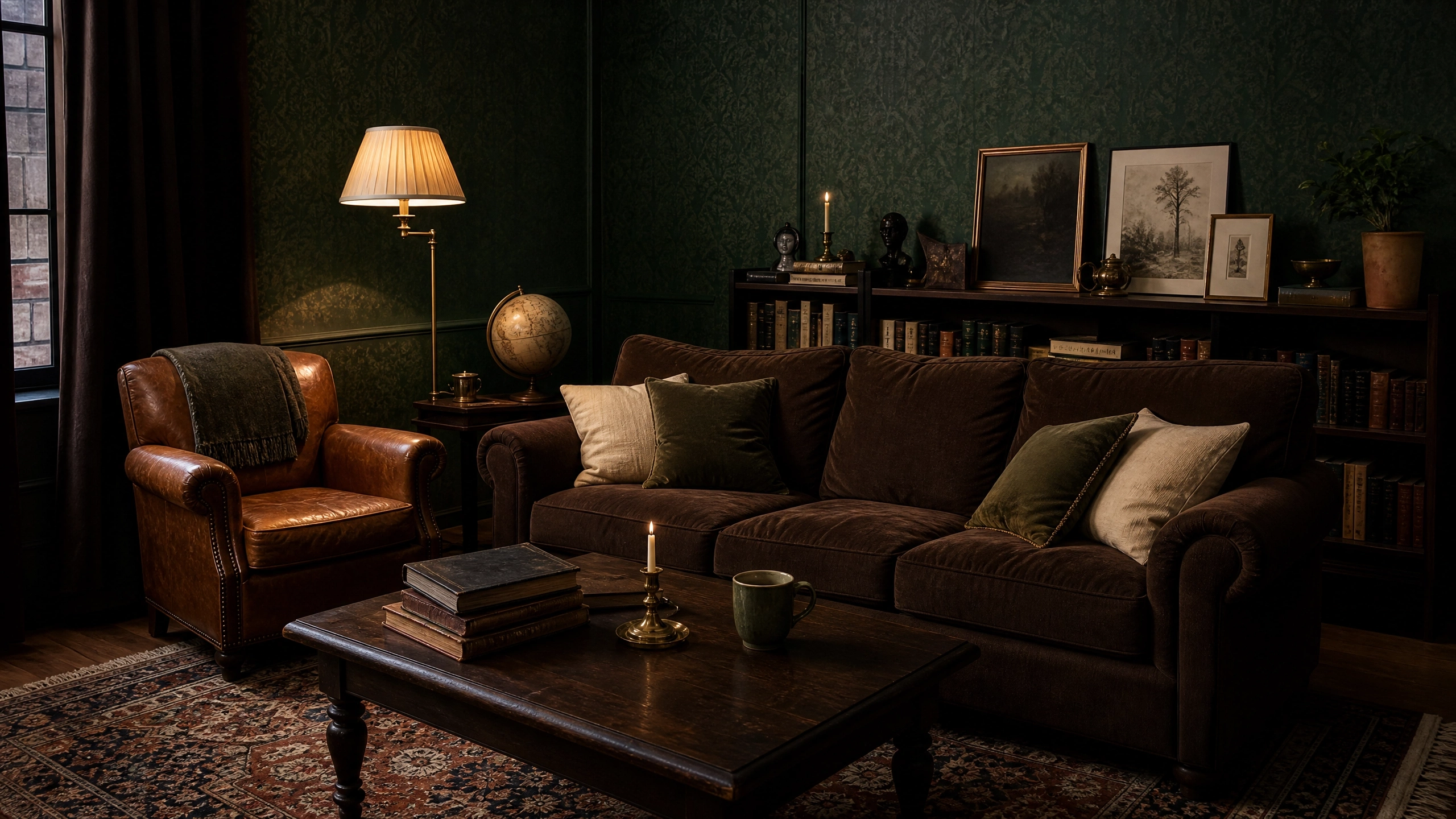 Dark academia living room with deep green walls, leather chair, brown sofa, books, and warm lamp lighting.