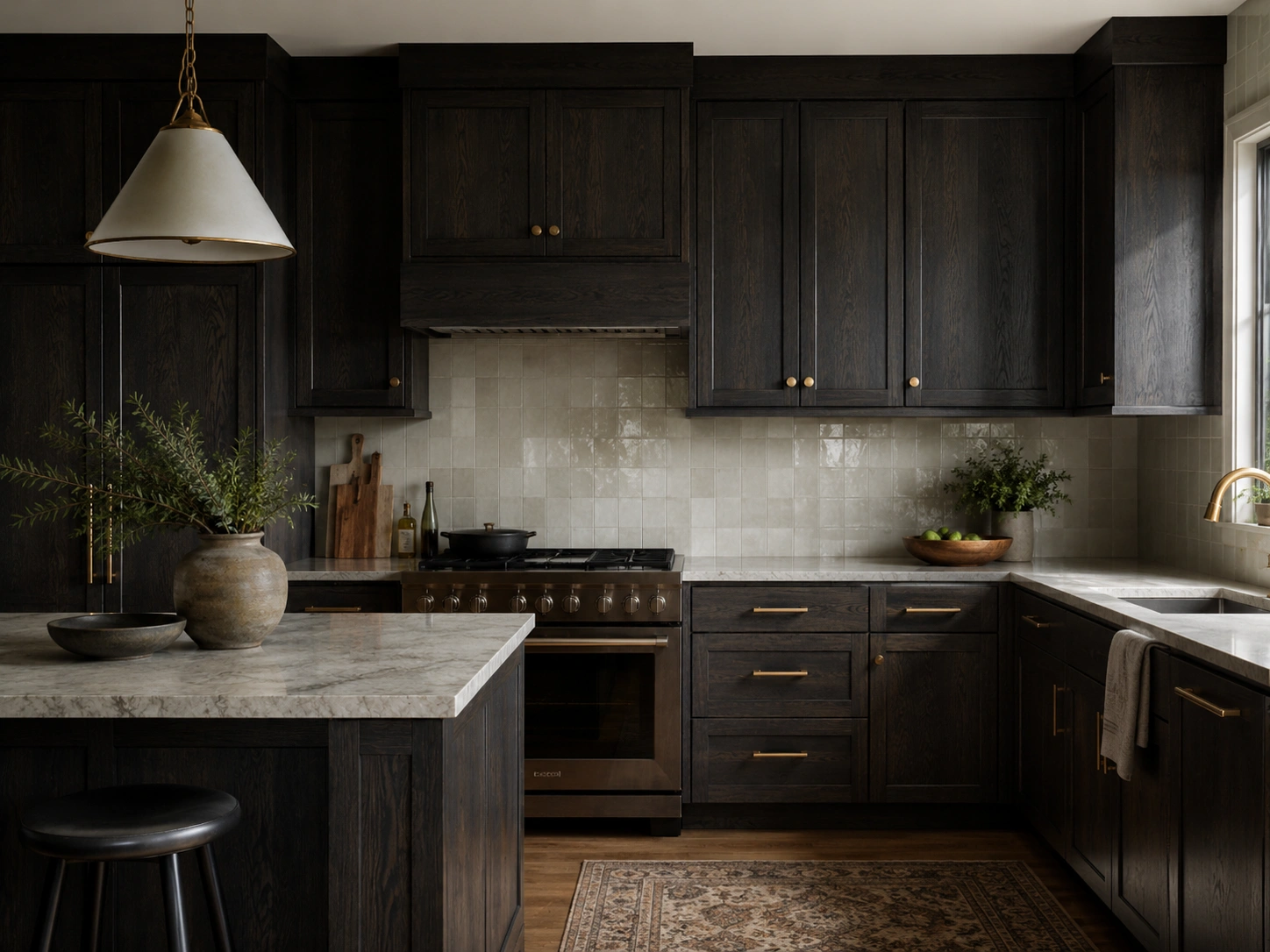 Dark charcoal stained alder cabinets with brass hardware, marble counters, and cream tile backsplash.