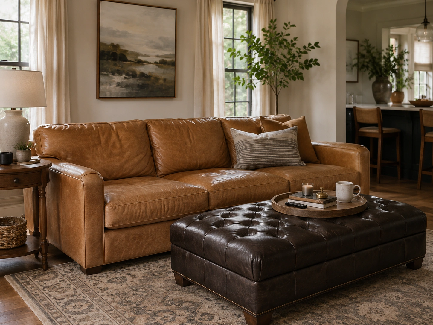 Tan leather sofa with a dark espresso tufted ottoman used instead of a coffee table in a warm living room.
