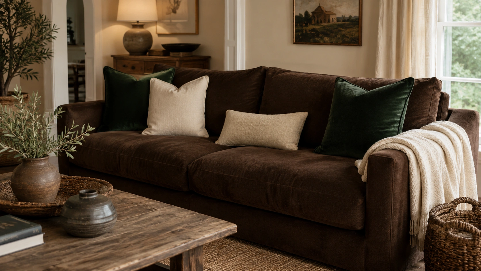 Dark forest green velvet pillows on a chocolate brown couch with cream accents.