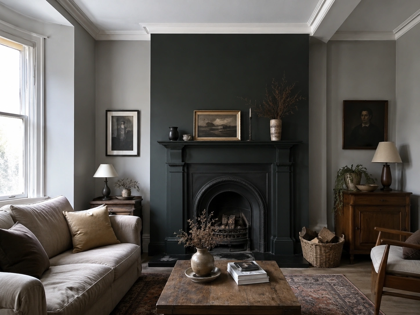 Dark green fireplace surround with grey walls, beige sofa, rustic wood table, and vintage living room decor.