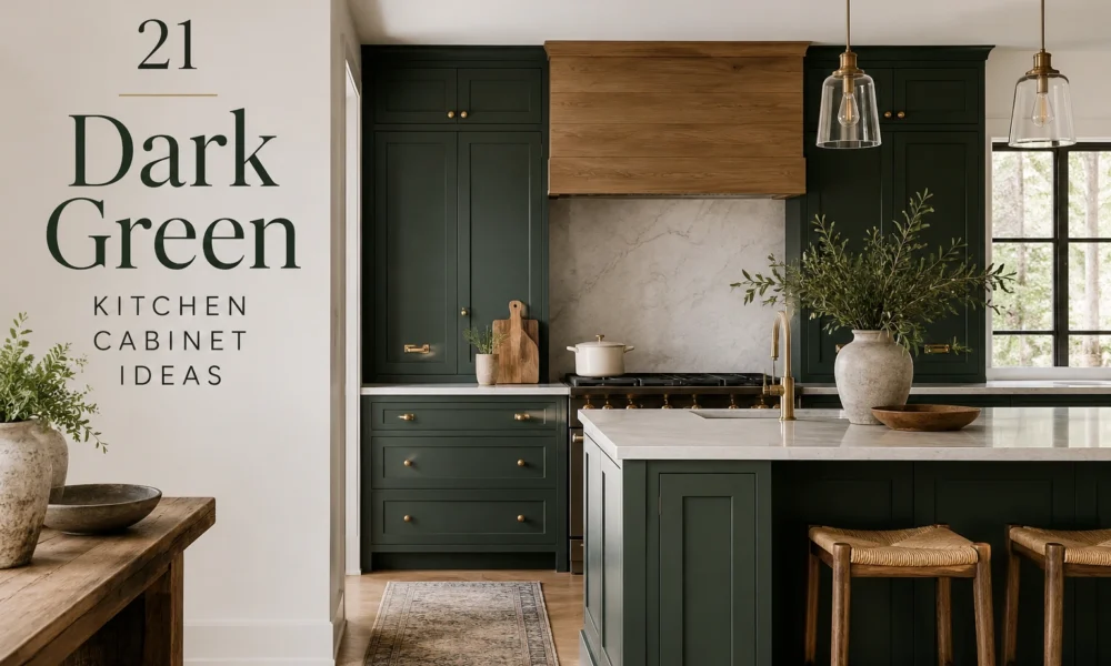 Dark green kitchen cabinets with wood range hood, brass hardware, marble island, and glass pendant lights