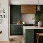 Dark green kitchen cabinets with wood range hood, brass hardware, marble island, and glass pendant lights