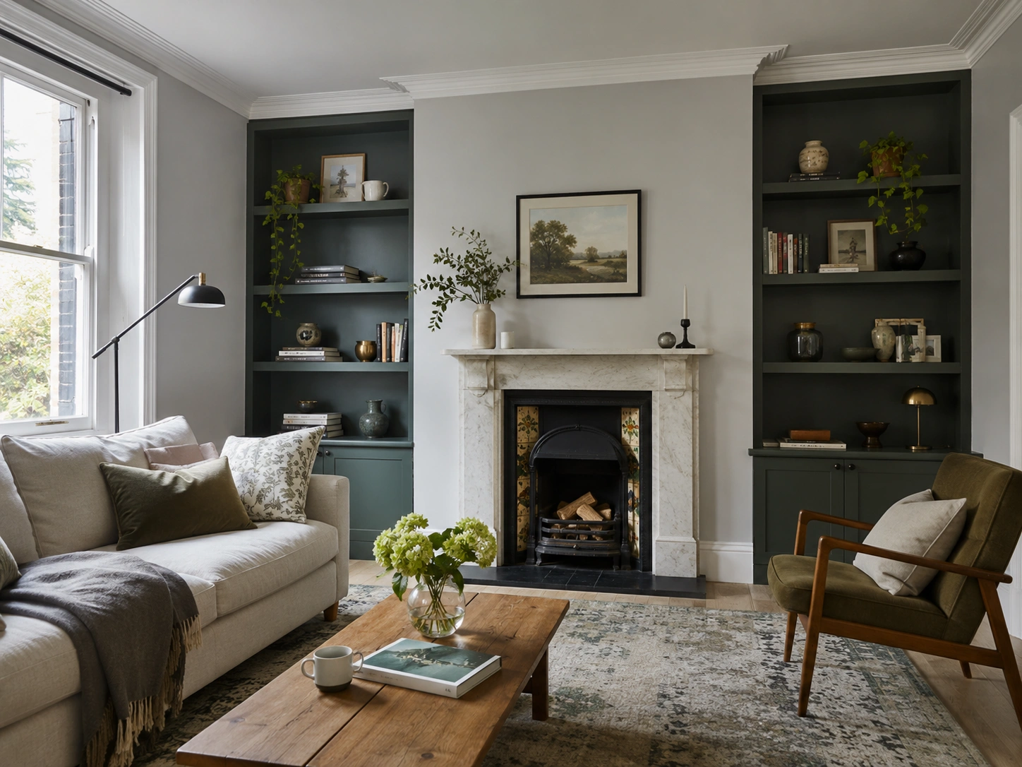 Dark green painted alcoves beside a marble fireplace in a light grey living room.