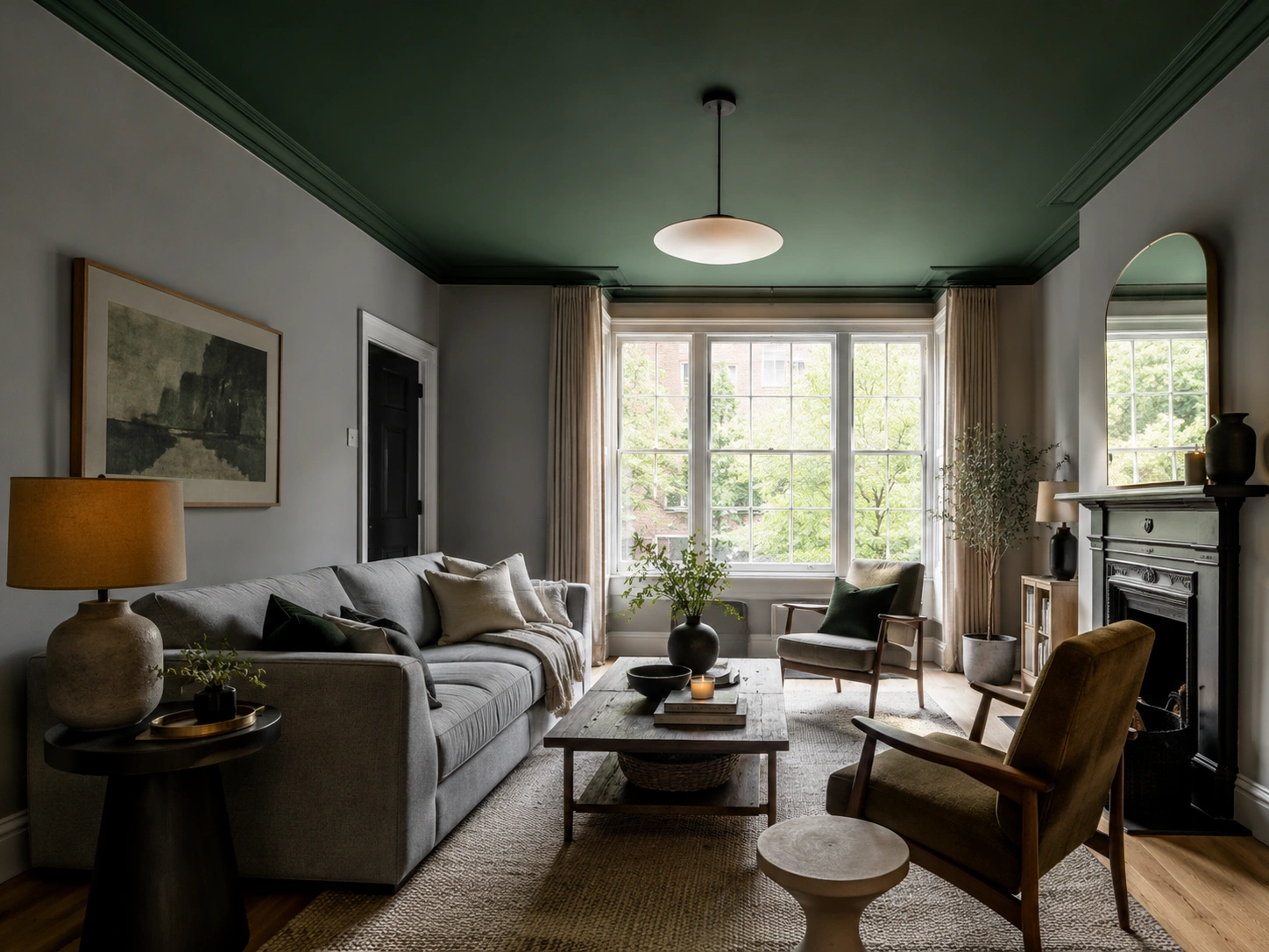 Grey living room with a dark green painted ceiling, light sofa, fireplace, and warm natural accents.