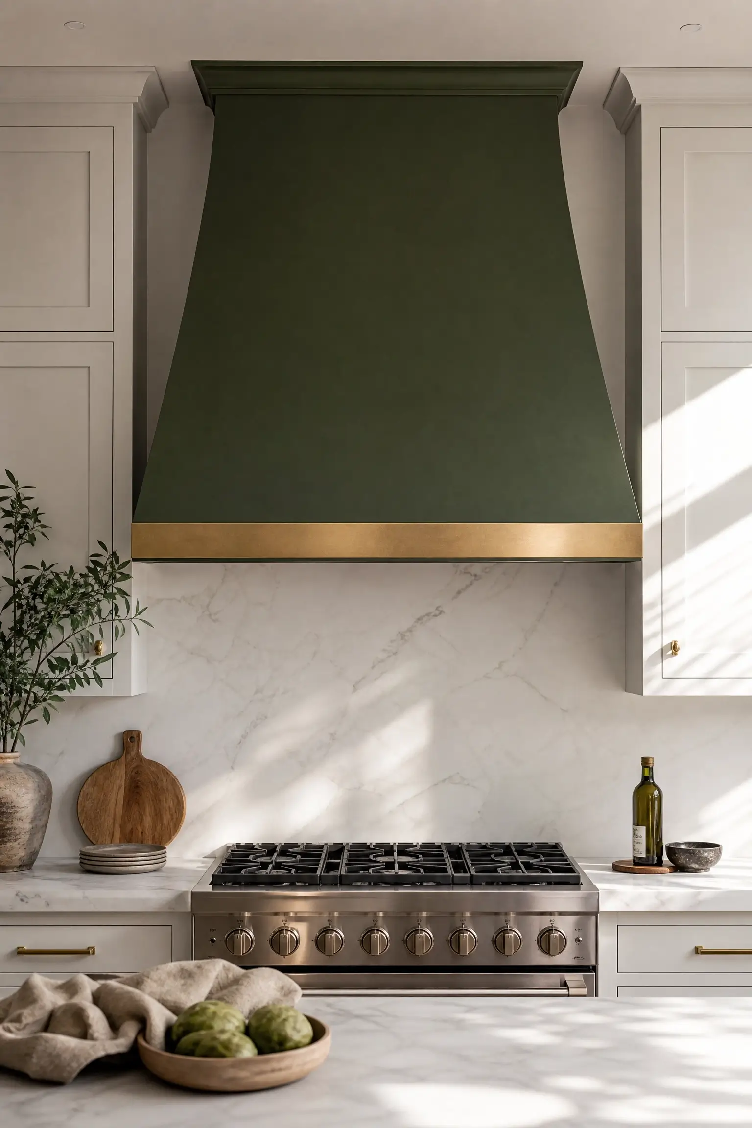 Dark green range hood with brass trim above a stove in a white kitchen with marble backsplash.